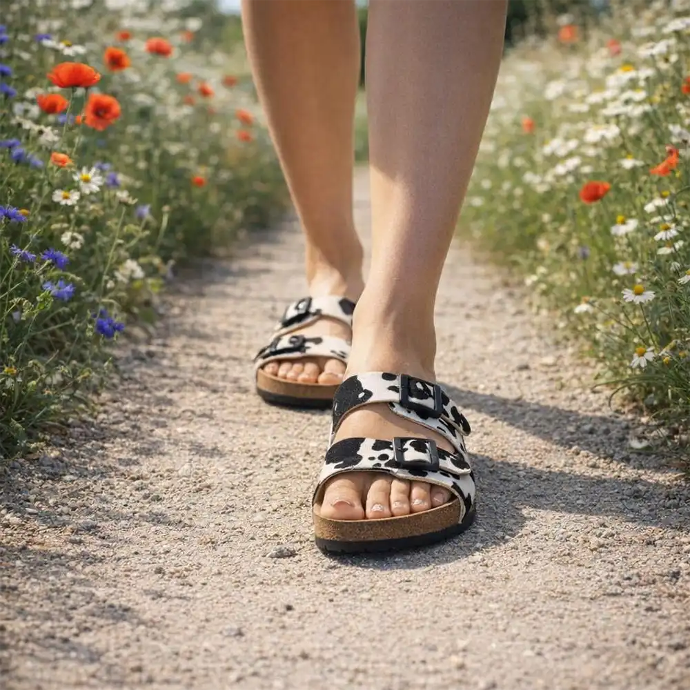 Cow print sandals being worn while walking down a path between wild flowers.