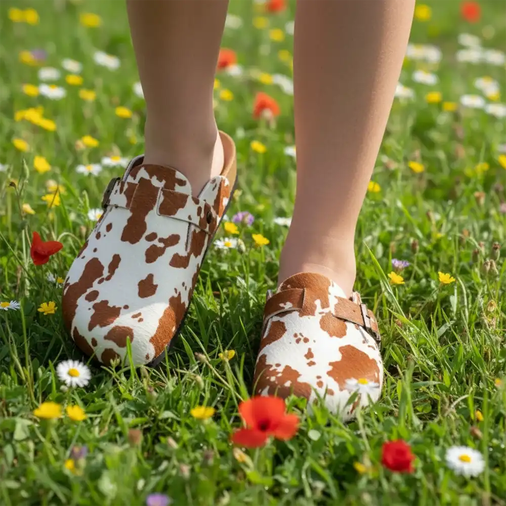 Brown and white cow print shoes on a person standing in a field of flowers.