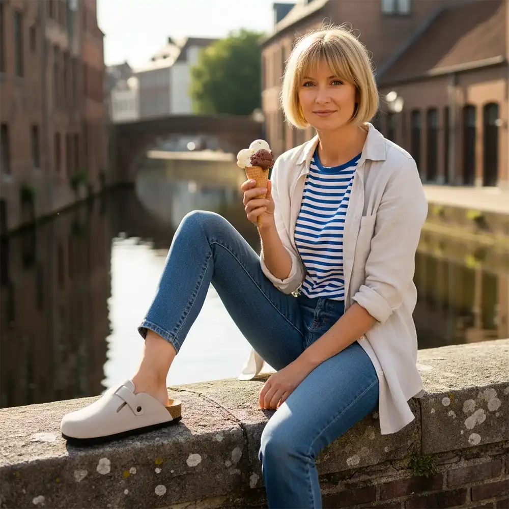 Woman sitting by a canal holding an ice cream cone, wearing a striped shirt and jeans.