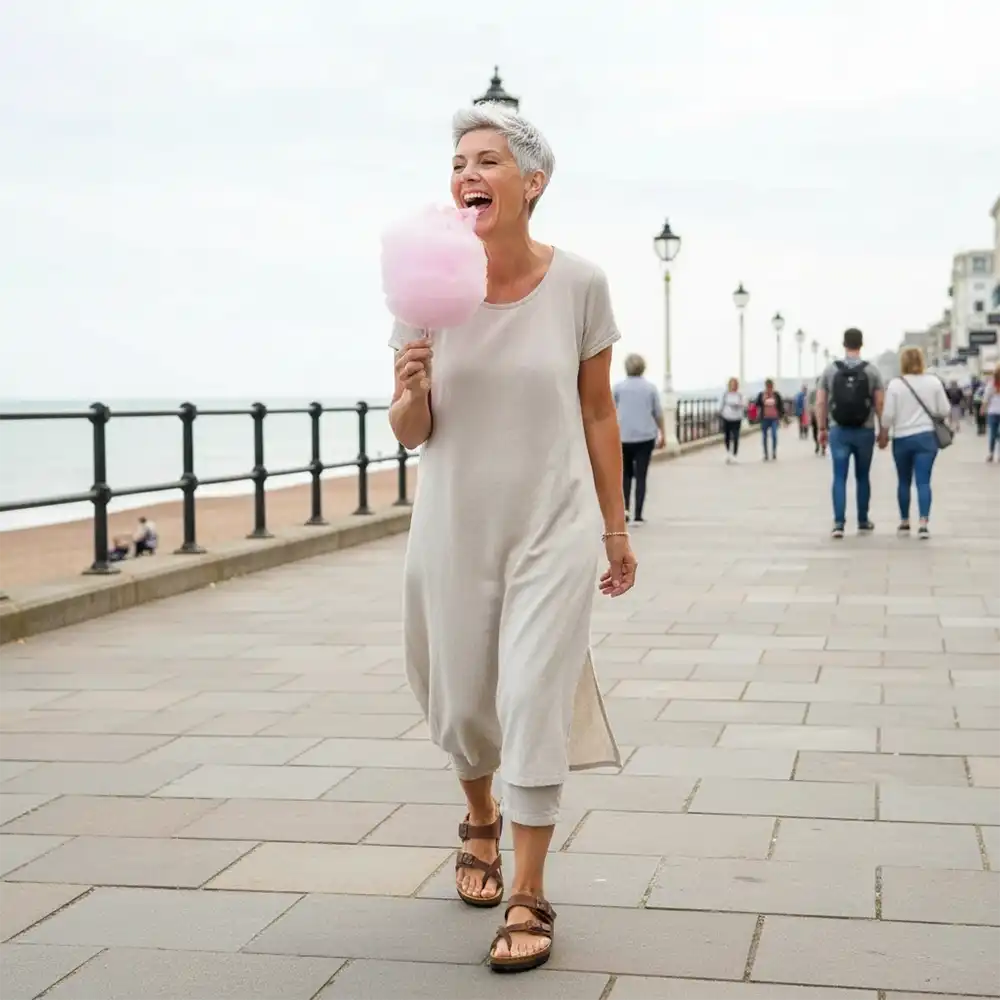 Woman in a light gray jumpsuit holding pink cotton candy on a promenade.