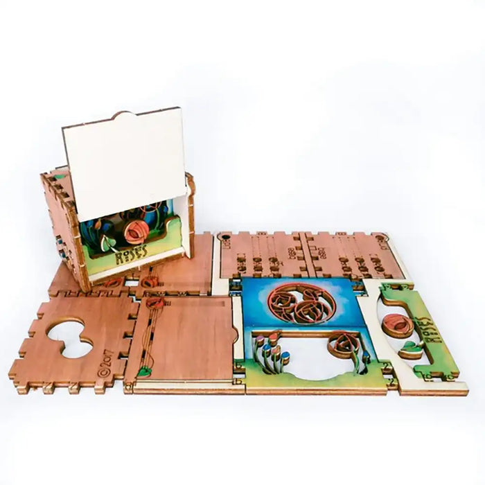 Wooden puzzle with moving parts and colorful designs on a white background