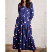 Pretty Vacant dark blue button front ankle length dress with flying cranes pattern. Front closer view.