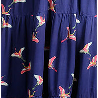 Pretty Vacant dark blue button front ankle length dress with flying cranes pattern. Close up of fabric.