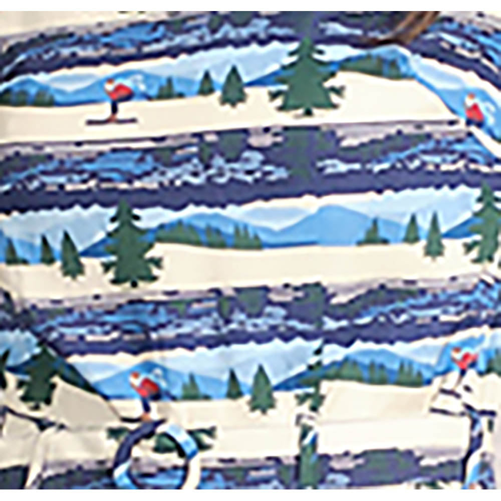 Pretty Vacant Alpine skiers pattern skater dress with matching belt. Close up view of fabric.