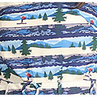 Pretty Vacant Alpine skiers pattern skater dress with matching belt. Close up view of fabric.