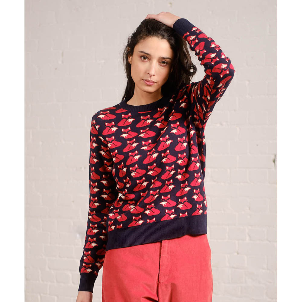 Pretty Vacant navy blue jumper with foxes pattern. Front closer view.