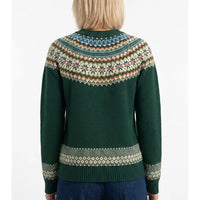 A woman viewed from the back wearing a dark green knit sweater with a multicolor Fair Isle yoke and sleeve cuffs, paired with blue jeans against a plain white background.