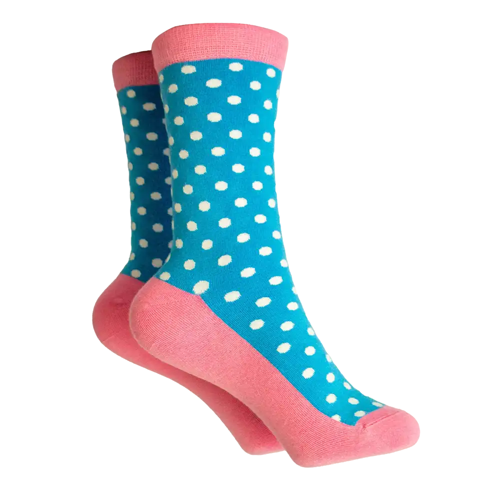 Blue and white polka dot socks with a coral ribbed ankle and coral coloured sole. 