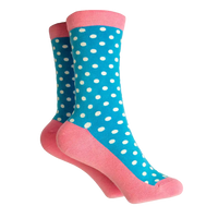Blue and white polka dot socks with a coral ribbed ankle and coral coloured sole. 
