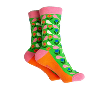 Green sock with white and pink budgies on it. Orange coloured sole with pink ankle hem, heel and toe.