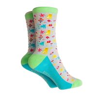 Grey based socks with a green ankle heel and toe. Bright blue sole. Covered with multi coloured cats and flowers