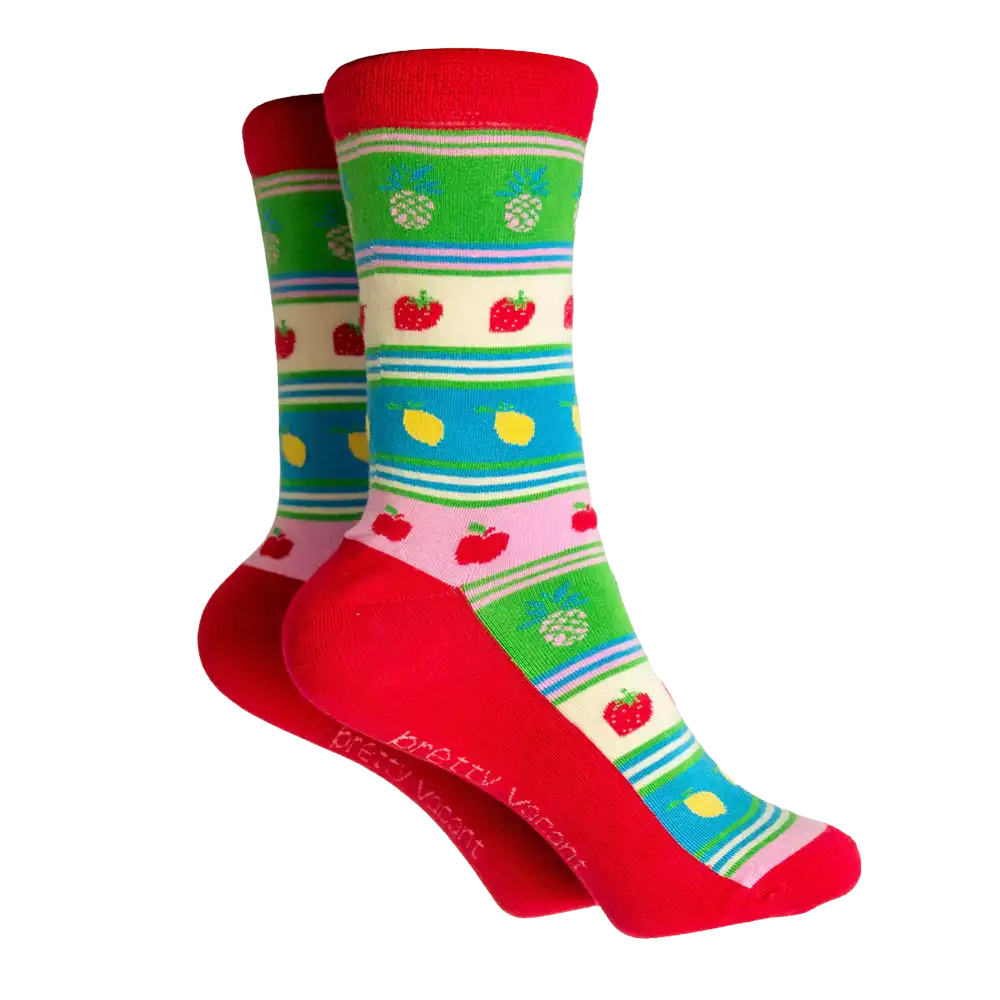 Striped multicoloured socks with fruit on them. Red ankle, heel, sole and toe. 