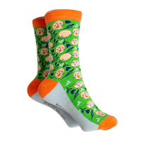 Green socks with orange and white hedge hogs on. Orange ankle, heel and toe. Grey sole.