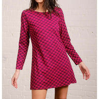 Pretty Vacant Tunic Dress. Cerise and blue. Hem is half way up the thighs. Front closer view.