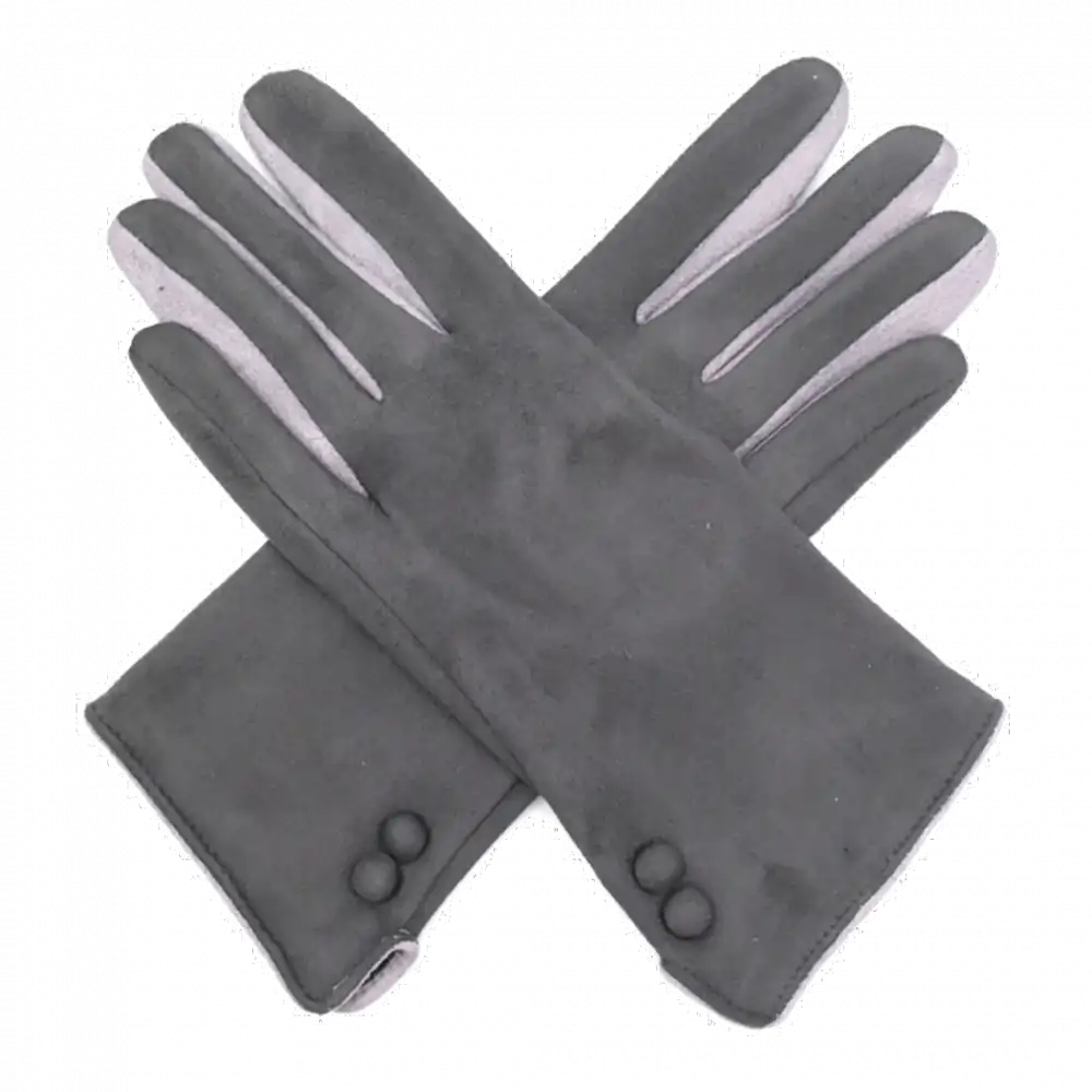 Picture of a pair of grey gloves with two button detail on a white background.