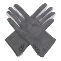 Picture of a pair of grey gloves with two button detail on a white background.
