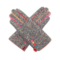 Pair of gloves with multicolored speckles and red, yellow and pink accents on a white background