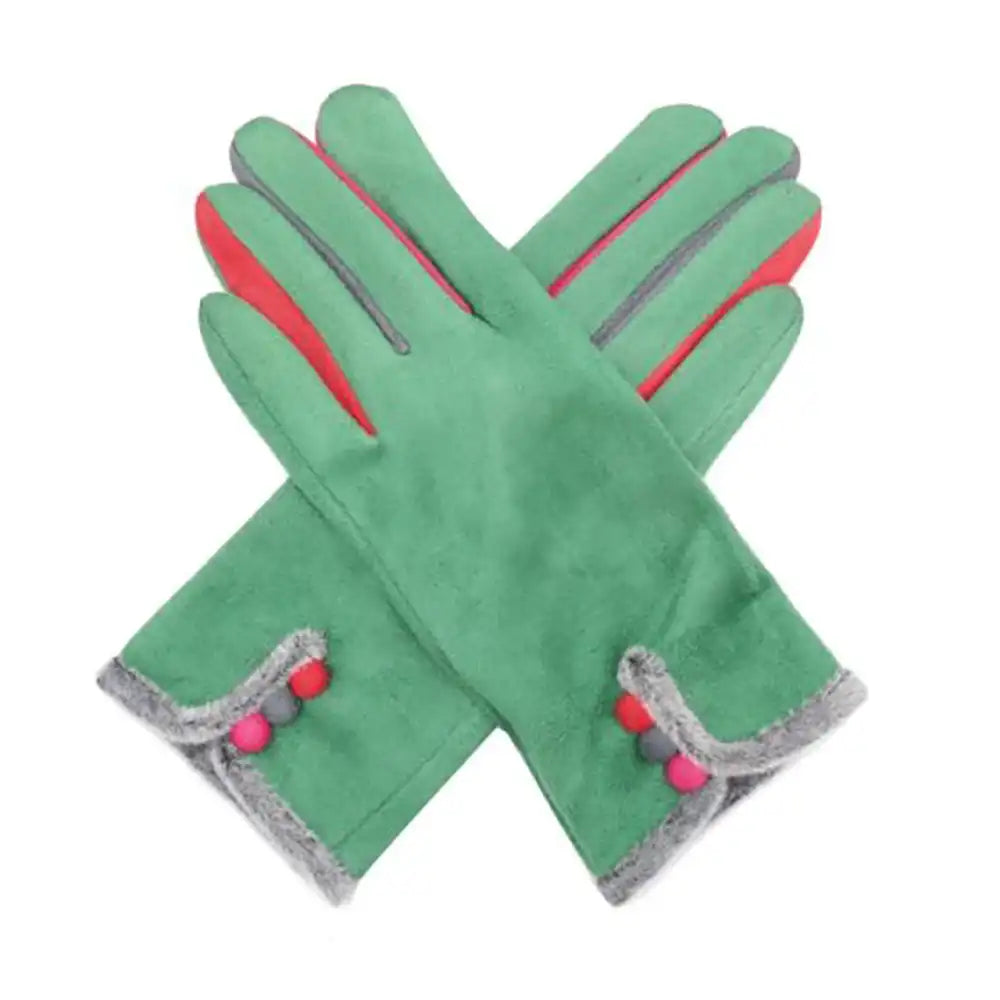 Pair of green gloves with colorful accents on a white background