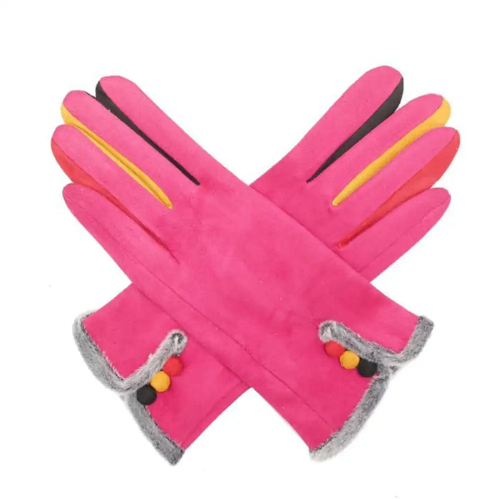 Pair of pink gloves with colorful accents on a white background