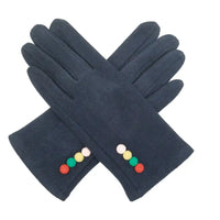 Pair of navy blue gloves with colorful buttons on a white background