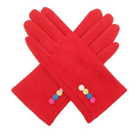 Red gloves with colorful buttons on a white background