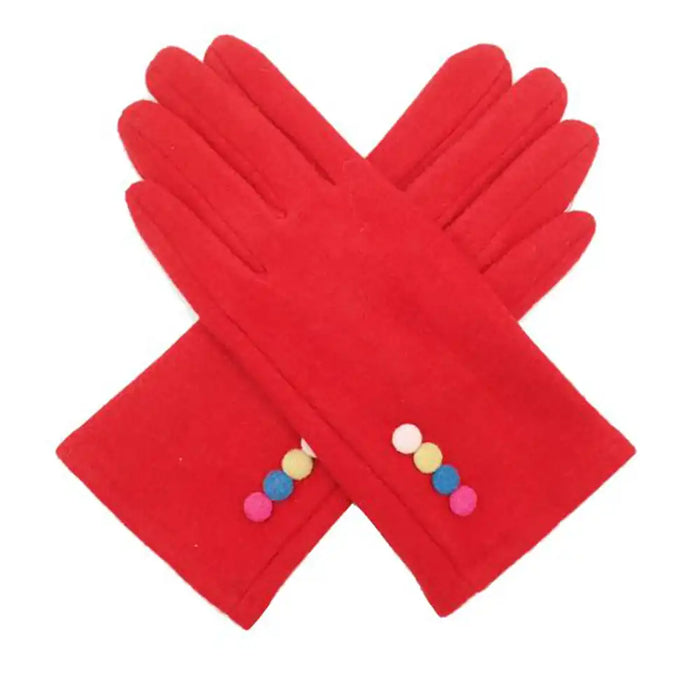 Red gloves with colorful buttons on a white background