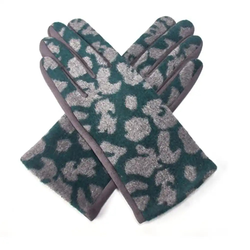 Gloves in green and grey animal print design on a white background