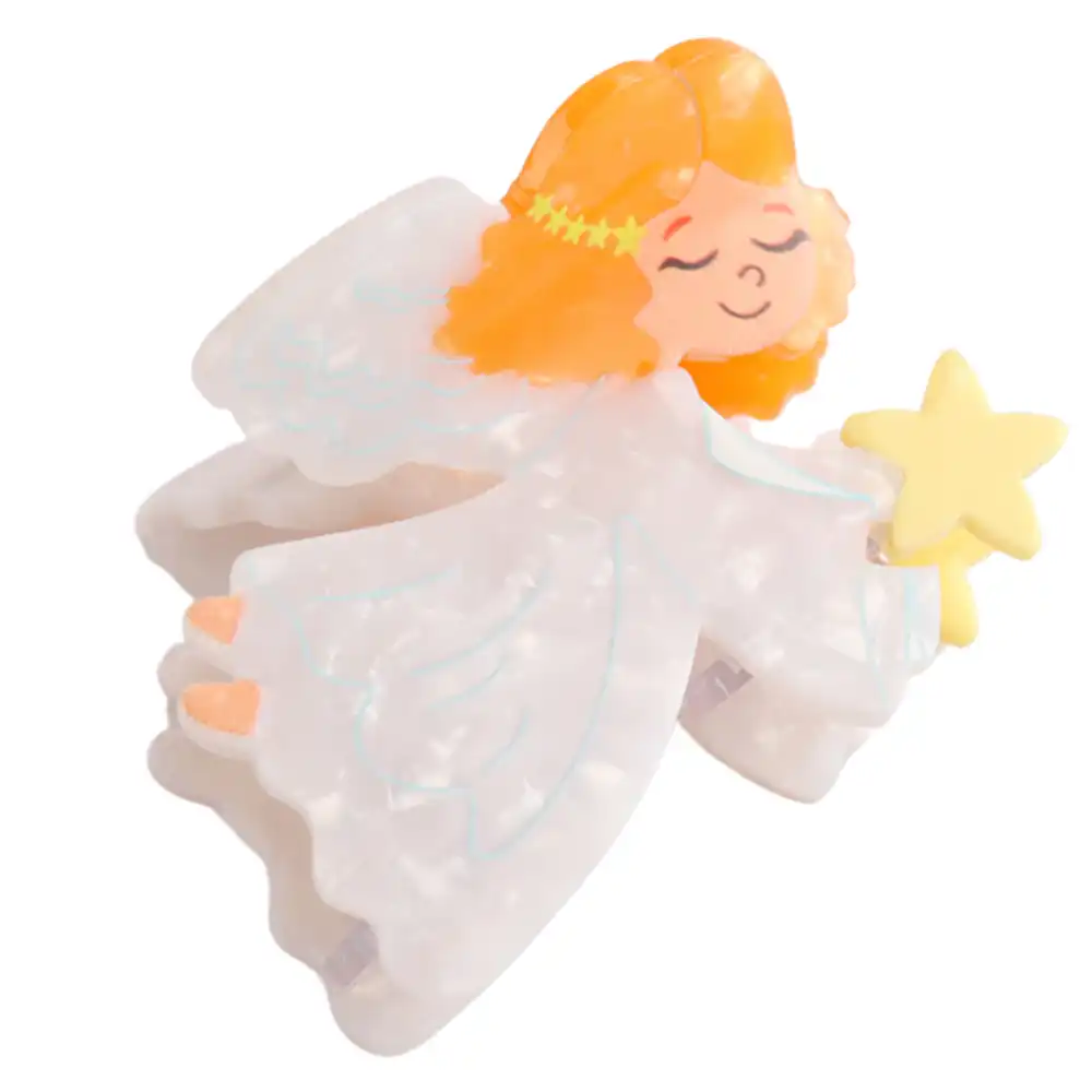 Picture of an angel hair claw clip  who wears a white dress and carries a gold star. 