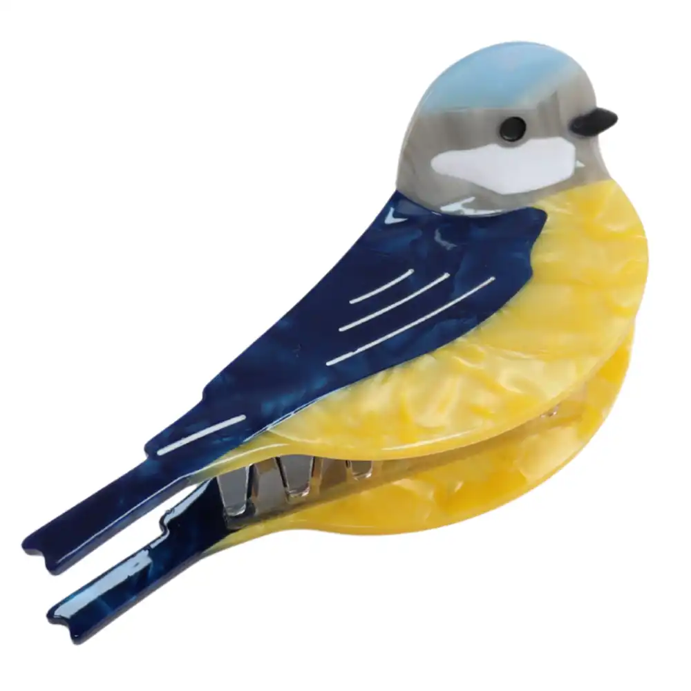 Picture of a bluetit bird hair claw clip  in yellow and blue on a white background. .