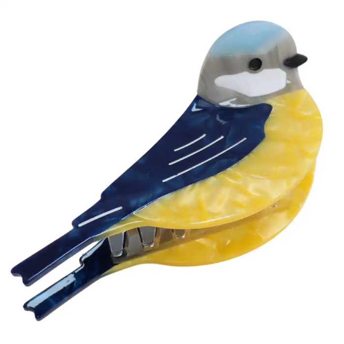Picture of a bluetit bird hair claw clip  in yellow and blue on a white background. .