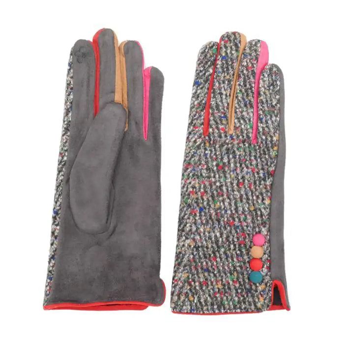 Pair of grey gloves with colorful accents on a white background