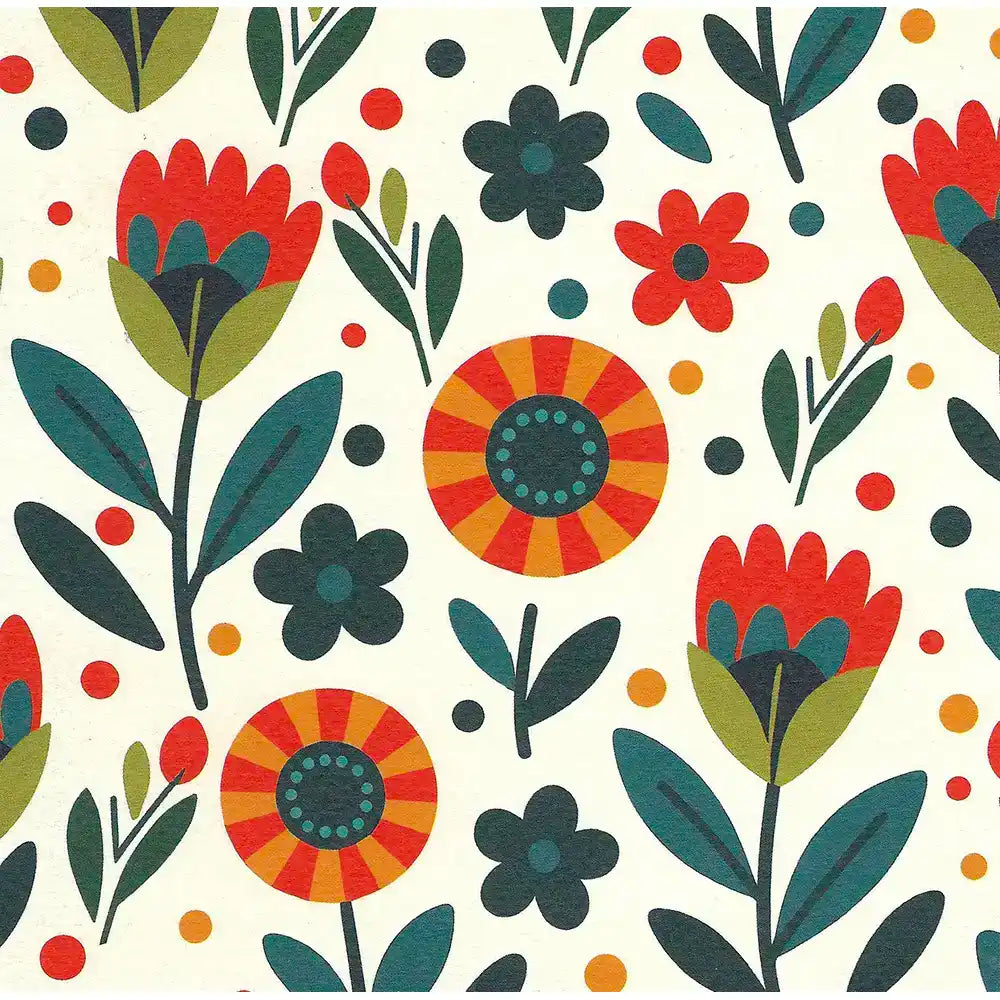 Pattern of colorful flowers and leaves on a white background