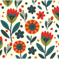 Pattern of colorful flowers and leaves on a white background