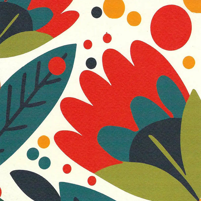 Colorful abstract pattern with leaves and dots on a white background