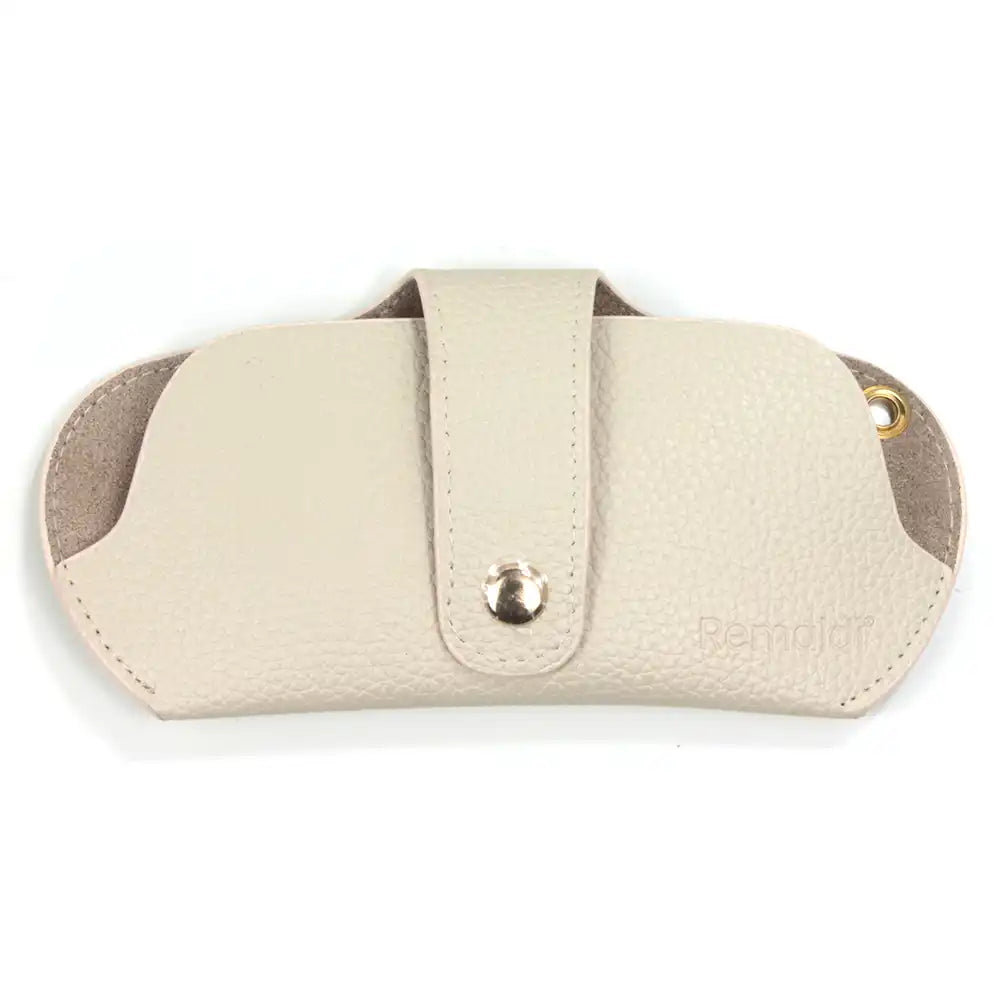 Cream glasses case containing a pair of glasses.