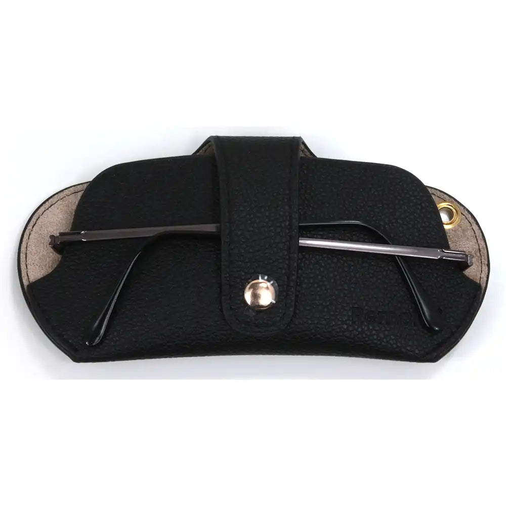 Black leather glasses case with a pair of sunglasses inside on a white background