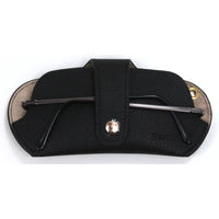 Black leather glasses case with a pair of sunglasses inside on a white background