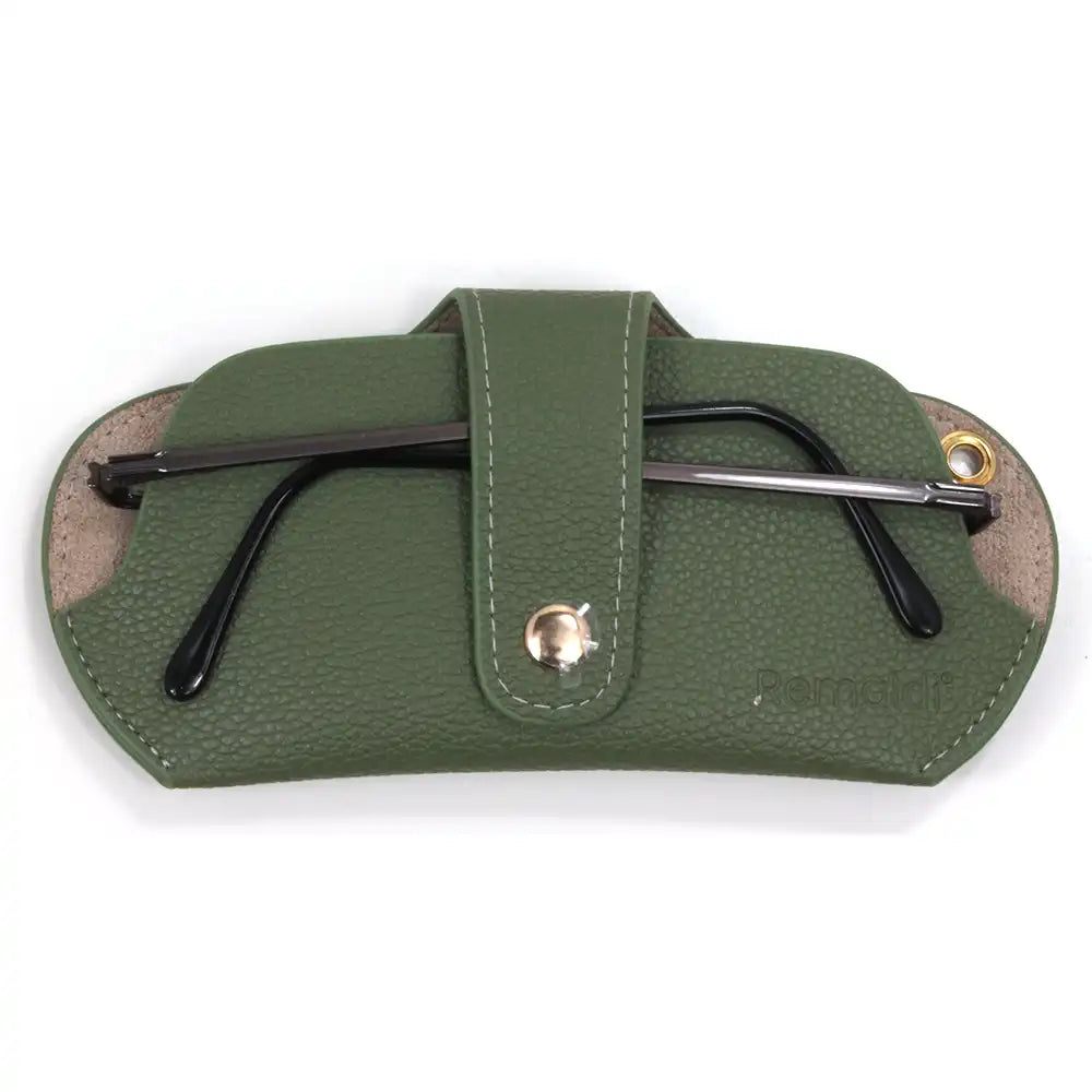 Green glasses case containing a pair of glasses.