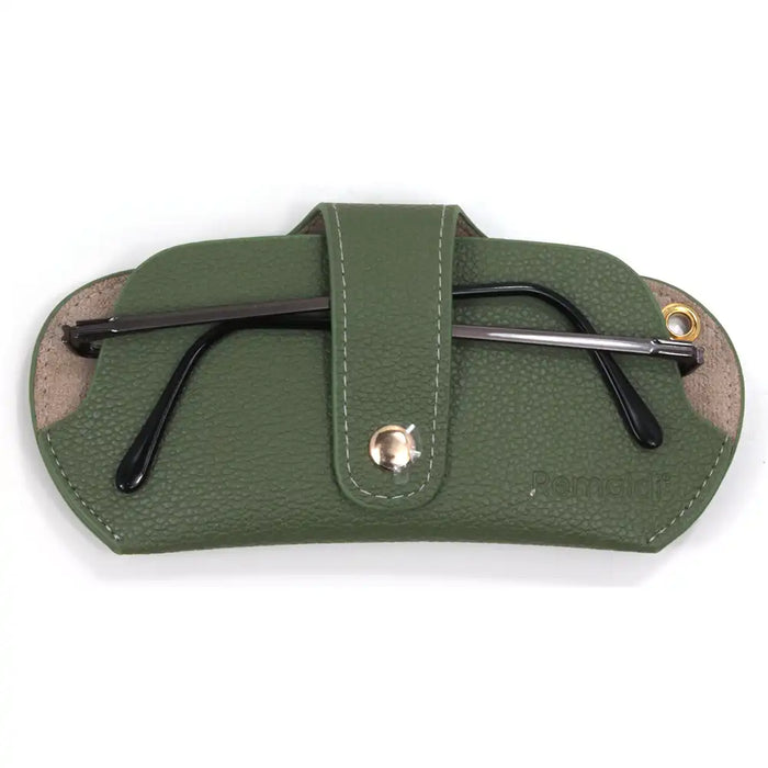 Green glasses case containing a pair of glasses.