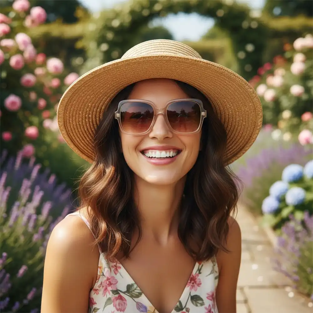 A smiling woman in a straw sunhat and sunglasses in a colourful garden.