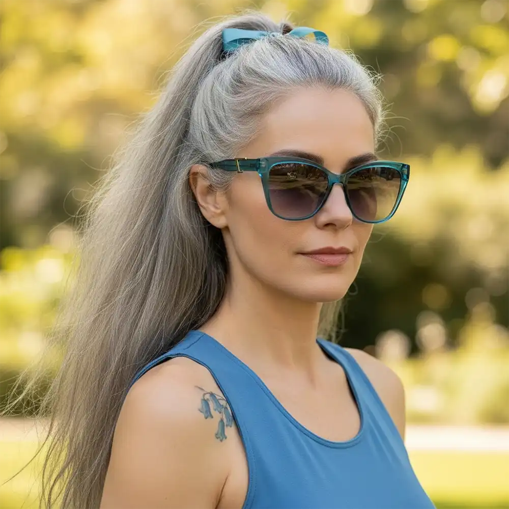 Woman with gray hair wearing blue sunglasses and a blue tank top outdoors.