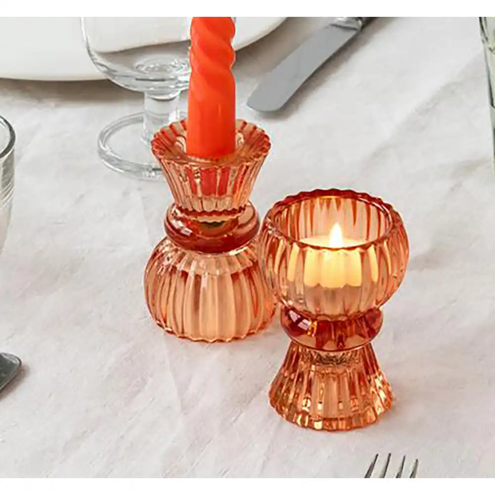 Double Ended Glass Candle Holder - Orange