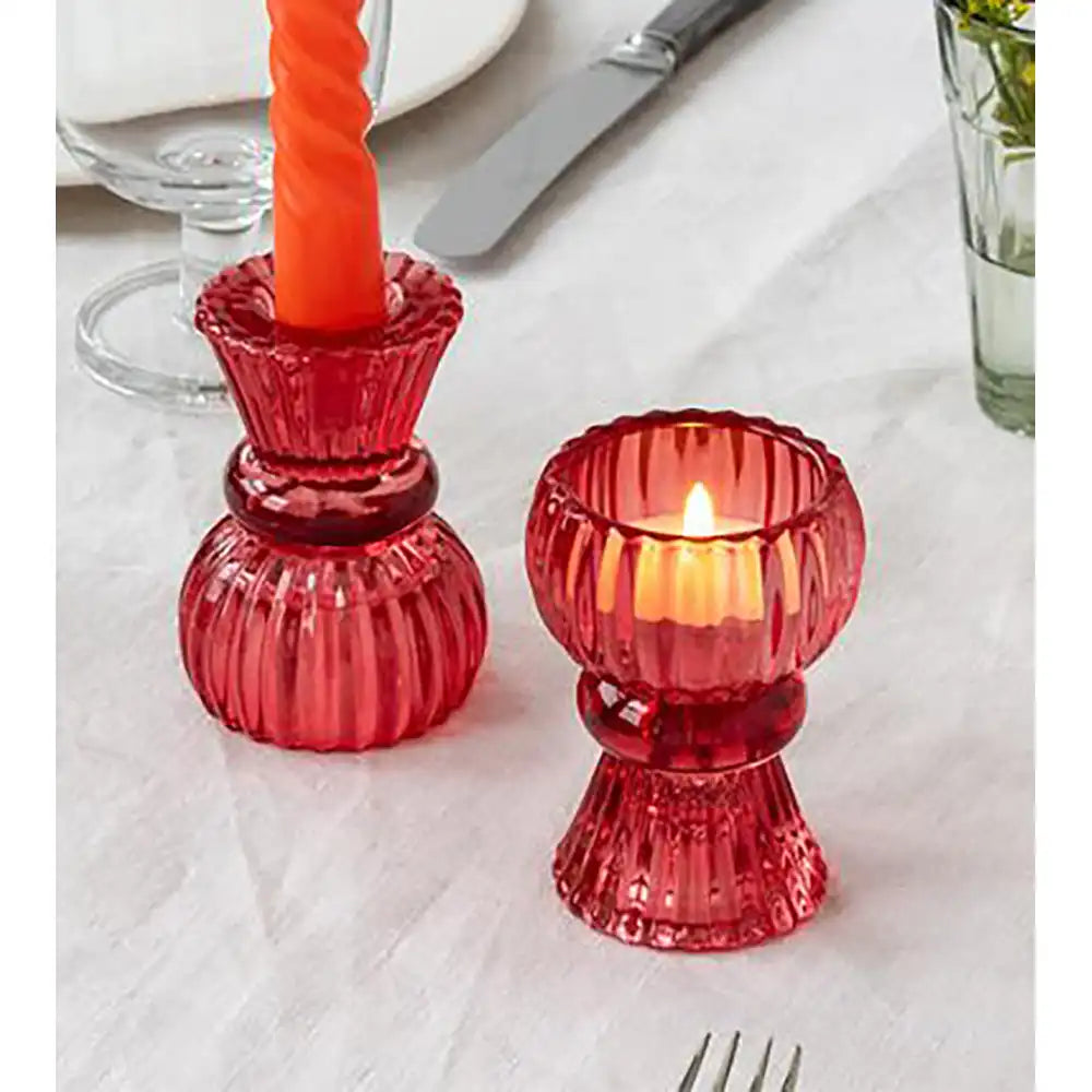 Double Ended Glass Candle Holder - Red