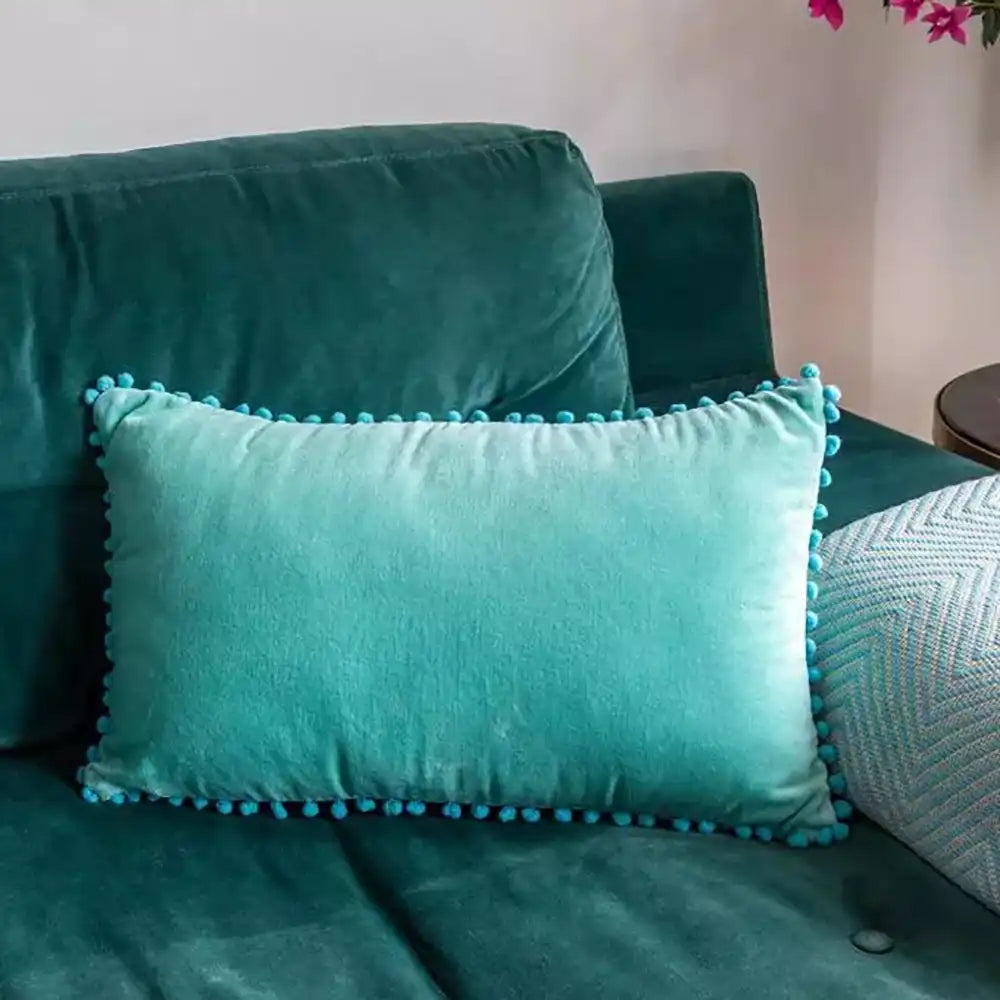 Velvet Pompom Cushion - Aqua