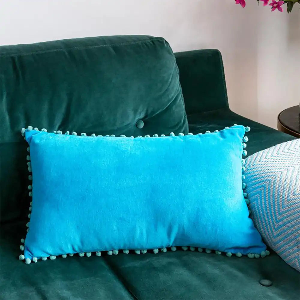 Velvet Pompom Cushion - Blue