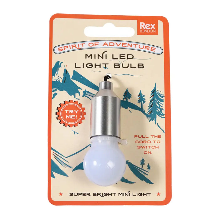 Mini LED light bulb packaging with 'Rex London' branding on a beige background