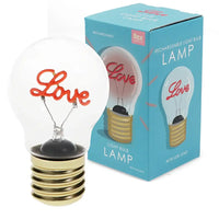 light bulb with word 'love' in pink in he middle. Blue box at the back with image of bulb on the front