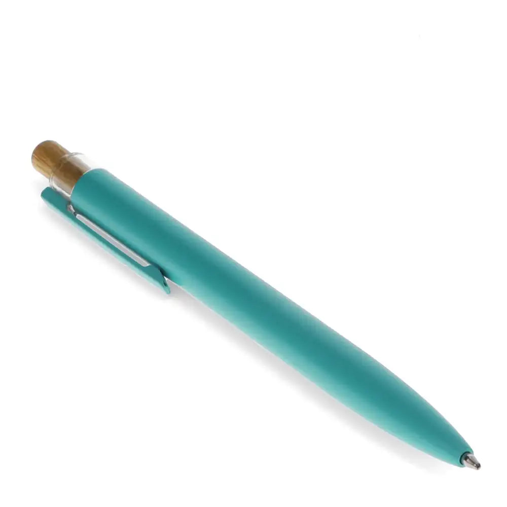 Turquoise pen with a bamboo pen click top. 