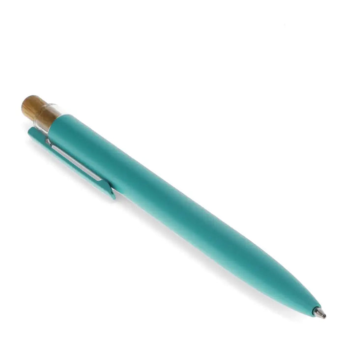 Turquoise pen with a bamboo pen click top. 