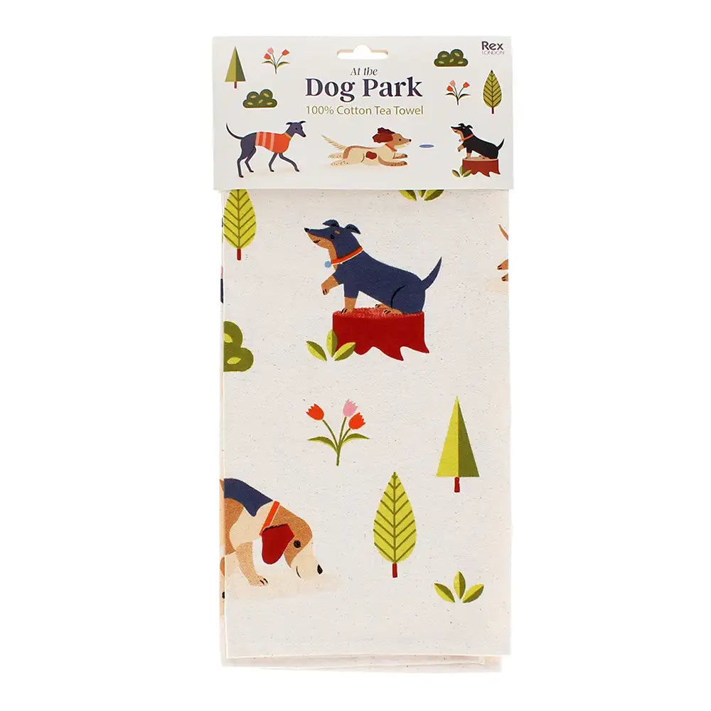 Cotton tea towel with dog-themed design and packaging on a white background